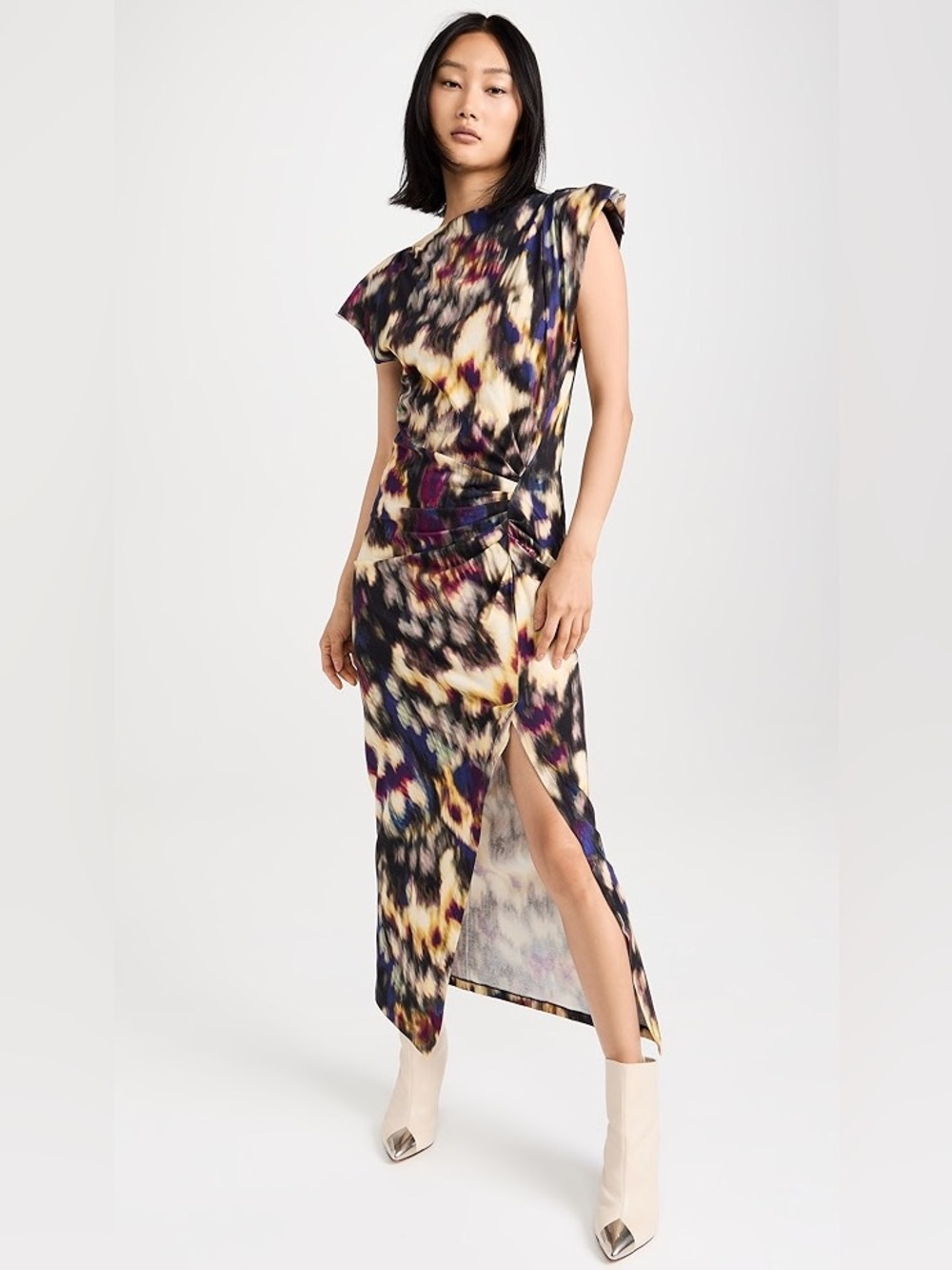 ISABEL MARANT Nadela Cotton Dress with slit in Ochre & Black print
